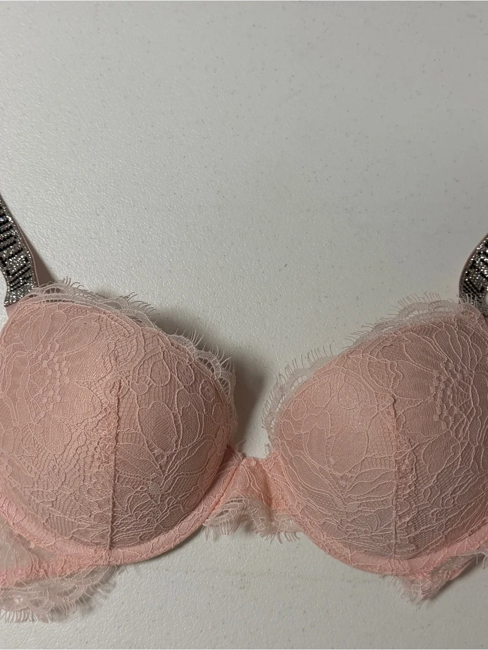 Victoria’s Secret Light Pink Shine Strap Lace Bra Garter Set Pink